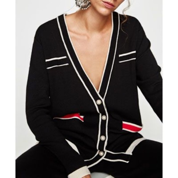 Zara Knit Pearl Button Cardigan Sweater Black White Trim Red Pockets Women’s S - Picture 1 of 5